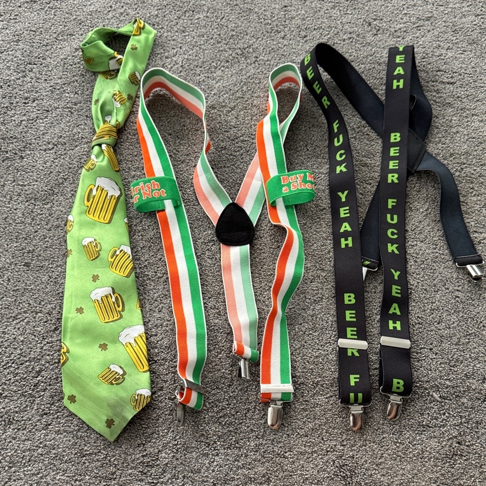 St Patrick's day Green Beer Mug Tie and Colorful Suspenders Set